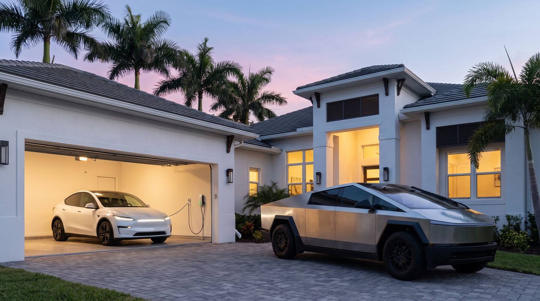 A Florida home at dusk with a white Model Y charging in the garage and a Cybertruck in the driveway