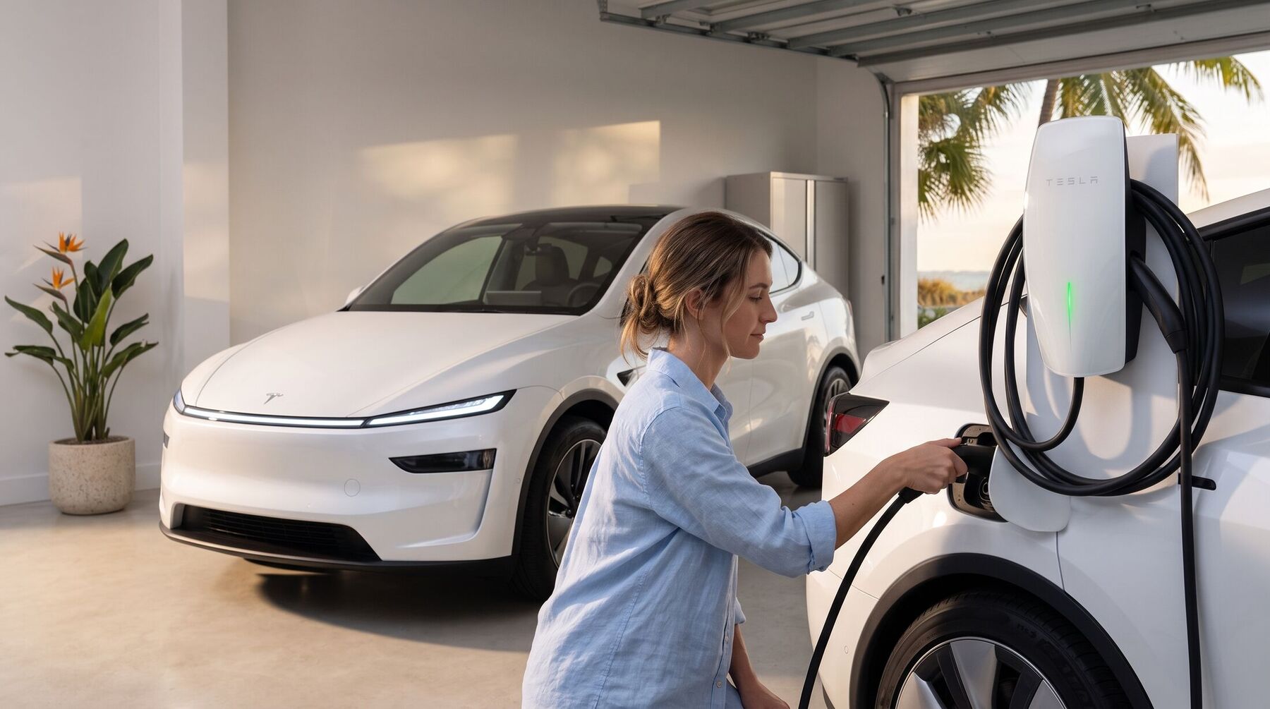 A woman plugging a Wall Connector into a white 2026 Model Y in a bright garage