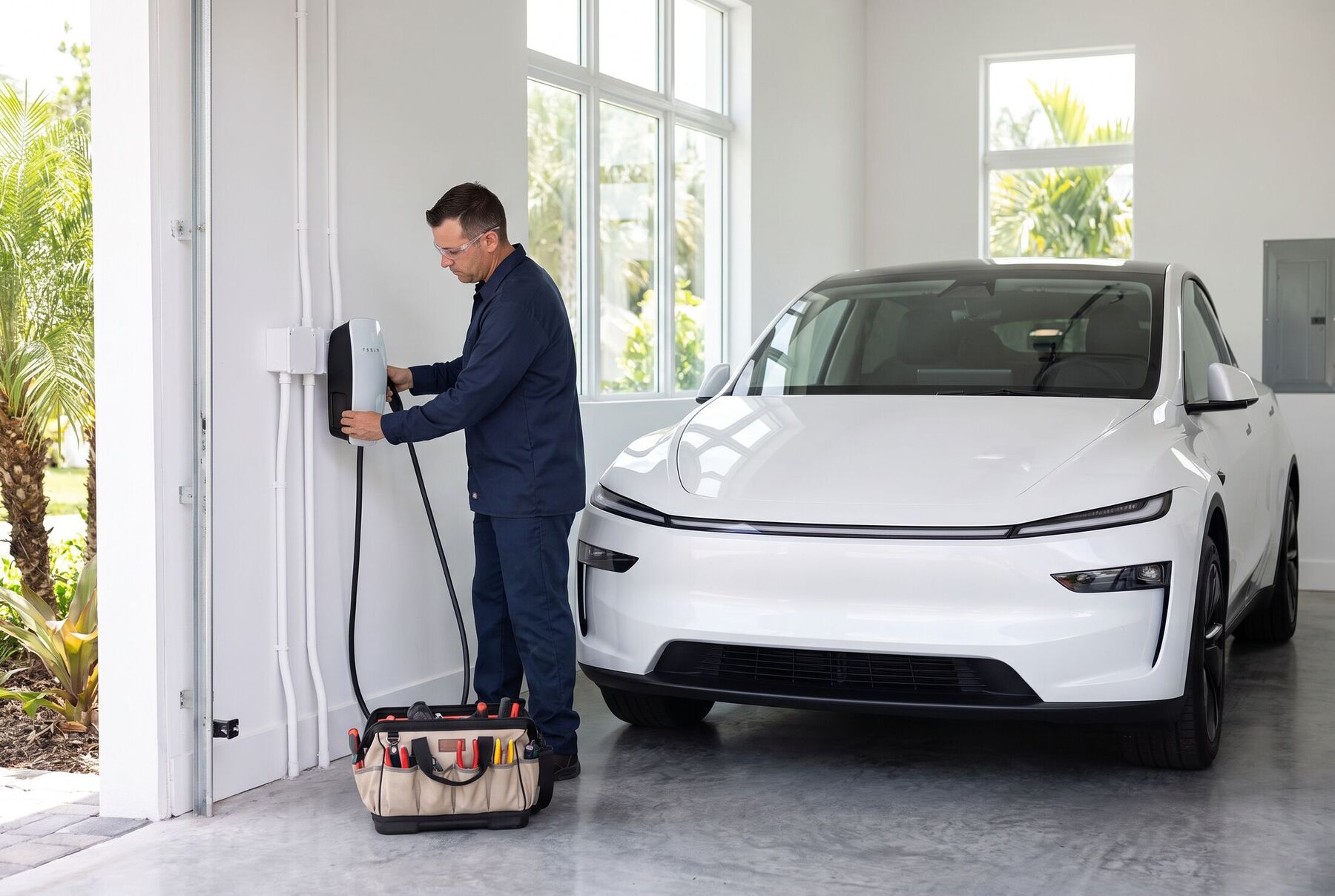 A licensed electrician mounting a Wall Connector next to a 2026 Model Y
